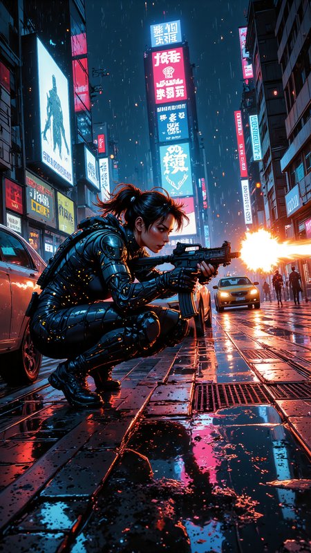 High-resolution anime-style illustration, bold painterly textures, cinematic cyberpunk lighting, intense action. A high-speed cyberpunk firefight erupts in the heart of a neon-drenched city, glowing tracer rounds illuminate the wet streets. The dynamic low-angle viewpoint captures the chaosâtowering skyscrapers loom above, their holographic billboards flickering from the shockwaves of gunfire.
At the center, a fierce young woman dives behind cover, her cybernetic-enhanced reflexes pushing her beyond human limits. She wears a sleek, high-tech combat suit with glowing circuitry woven into the material, her short, messy ponytail whipping as she reloads a modified railgun. Her sharp eyes lock onto her next target, the neon reflections casting an electric glow on her determined expression.
Around her, parked cars line the street, their wet surfaces reflecting the pulsing neon signs above. The pavement glistens under the flashing city lights. Explosions light up the distance, sirens wailing through the chaotic scene, as the city becomes a warzone of speed, precision, and raw survival. <lora:Anime_v1.3:0.6> <lora:RealAnime:0.6> <lora:ILLUSTRATION_(FLUX)_-_V3.1:0.6>