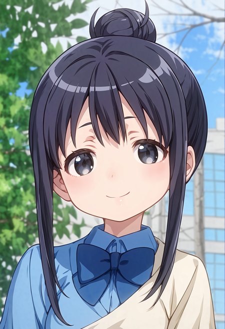 score_9, score_8_up, score_7_up, source_anime,  <lora:lowres_concept_ponyXL_v1:-0.3>
BREAK,
<lora:annaka_moe_PonyXL_v1-000015:1> annaka moe, single hair bun, long hair, black hair, black eyes, 
1girl, solo, 
smile, \(troubled eyebrows:0.6\), closed eyes,
blush_stickers ,
head_tilt standing 
bright sky blue polo shirt gray __bottoms__ , 
upper body, looking ahead, between the legs, Juice Bar bokeh, depth of field,