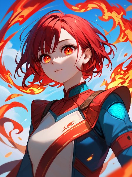PDXL, <lora:OpalEyesV1Pony:1>, opal_eyes, 1girl, cute face, detailed eyes, short red hair, glowing red eyes, portrait, standing in a fire