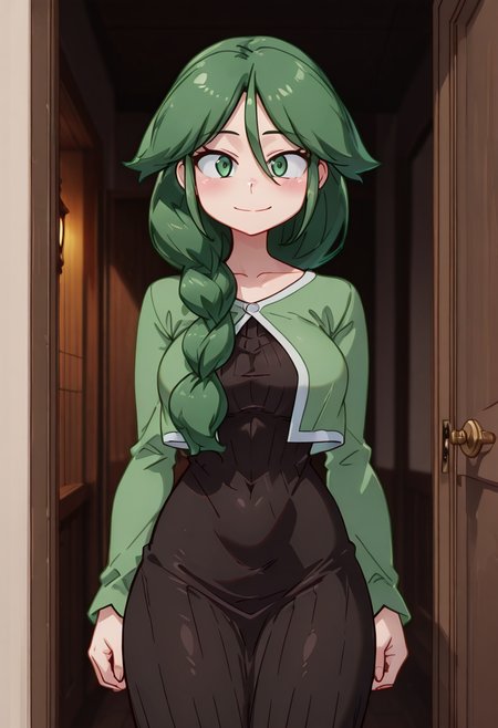(masterpiece, best quality, good quality, very aesthetic, absurdres, newest:1.2),  zzCheryl, green eyes, single braid, hair over shoulder, green jacket, long dress,  ,<lora:CherylPokemon_IXL_v2:1.0>,, smile, looking at viewer, cowboy shot,  ,<lora:IshuzokuReviewersNAI:1.0>,