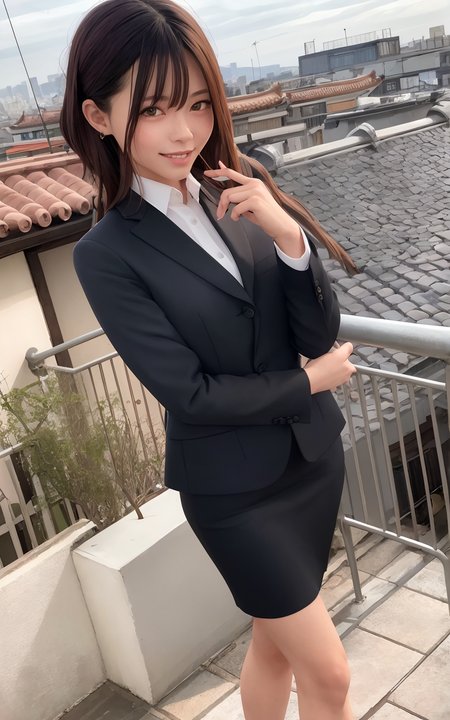 best quality, intricate details, chromatic aberration,masterpiece, highres, 

1girl, china dress,Beautiful face,long hair, black hair, messy hair, red highlights, hair over one eye, red eyes, sharp eyes, 

hair ornament, solo,looking at viewer,smile,closed mouth,lips


architecture,east asian architecture,building,outdoors,rooftop,city,cityscape

 <lora:recruitSuit_recsuitVer2:0.8> simple black suit, simple black pencil skirt, black pumps, nude pantyhose, rst,