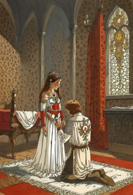 score_9, bybm style, illustration, templar knight kneeling in front of a queen, knighting ceremony