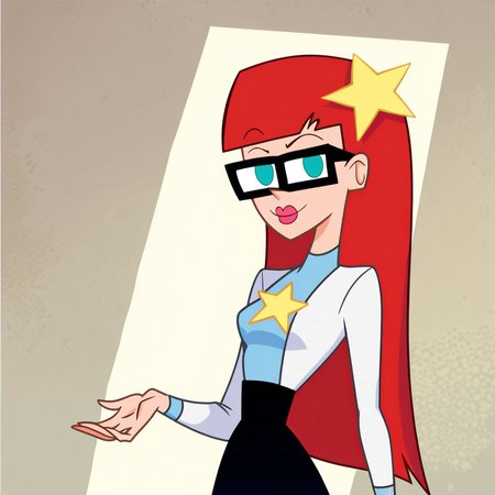 score_9, score_8_up, score_7_up, 1girl, red hair, glasses, blue eyes, style parody, long hair, blunt bangs, lipstick, star hair ornament, small breasts, narrow waist, wide hips, looking at viewer, highres, high quality, masterpiece, <lora:Susan_Test_Reboot:1> <lora:flat_color_anime_xl:1>