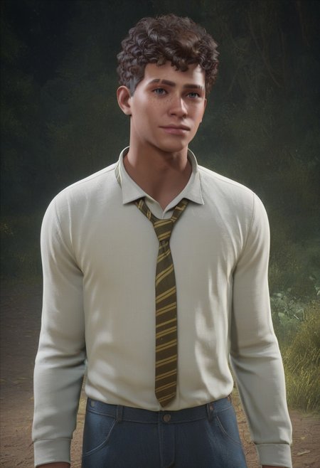 score_9, score_8_up, score_7_up, score_6_up, score_5_up, score_4_up, BREAK realistic, well built, skinny body type, twink, male focus, solo, face focus, good looking face, detailed face, detailed eyes, good looking eyes, perfect face, perfect eyes, 18 yr, soft face, blank expression, perfecteyes, rounder face, 4ng3l face,
light dark skin, a scar on his right eyebrow, two eyebrow, freckless, dark brown curly hair, gaps on left, soft purple colored eyes, good lightning, great lightning, 
hogwarts interior, white shirt with a hufflepuff tie, looking at viewer, tie,
full body shot, forest,