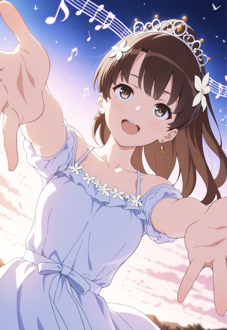 (masterpiece, best quality), amazing quality, very aesthetic, absurdres, highres, newest, HDR, 8K,  chiaroscuro, impasto, intrinsic light, luster, shiny color, strong coloring, masterful shading,
1girl, m3gum1kat0, bangs, brown hair,pupils,brown eyes, long hair, ponytail, upper body, flower hair, hair ornament, earring, tiara, spring dress, sky, side viewer, happy, look up, musical note, music effect, energy, spring theme, outdoors, bird, fly, butterfly, flower, singing, reaching towards viewer, foreshortening, perspective, dutch angle, detail background, Starry sky in the evening, ((detailed eyes))