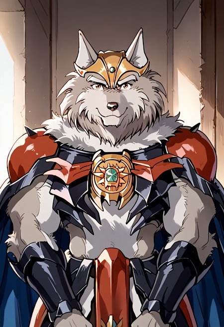 high quality, hires, greyfus, furry, 1boy, solo, muscular, cape, armor, looking at viewer, bara, <lora:Greyfus_Wild_Knights_Gulkeeva:1>
