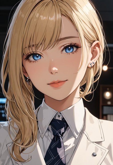 (anime, masterpiece, intricate:1.3), (best quality, hires textures, high detail:1.2), (4k),(incredibly detailed:1.4), perfect anatomy, correct sense of scale, side lighting, feminine body, shiny skin, graceful face, constricted waist, nice body, lips, Sexy mouth, high pointed nose, (nostrils:1.3), neatly drawn nose, 1woman, charming smile, gorgeous lips, blue eyes, white suit, tie, office lady, closed blouse, mini skirt, tights,  blonde hair, ponytail, side bangs, medium breasts, ((piercing, two holes at the bottom of the ear, one at the top)) (best illumination, an extremely delicate and beautiful) 8k wallpaper, masterpiece, best quality, ultra-detailed, best shadow, volumetric lighting), (beautiful detailed face, beautiful detailed eyes) ,extreme details eyes, shiny skin, full body, ear piercing
