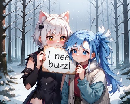 first posirive: score_9, score_8_up, score_7_up,source_anime, 2girls, need_buzz, holding sign, winter forest, (snowstorm:1.2),
(ctiank0nek0:1.1), cat tail, cat ears, (blush:1.2), tears, (torn clothes:1.5), sad

second positive: score_9, score_8_up, score_7_up,source_anime, 2girls, need_buzz, holding sign, winter forest, (snowstorm:1.2),
(ctiank0nek0:1.1), cat tail, cat ears, (blush:1.2), tears, (torn clothes:1.5), sad