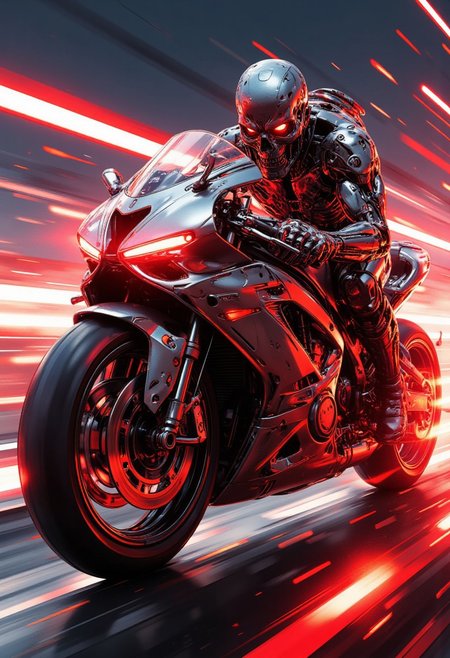 red and black theme, Inkpunk Anime, silhouette art, chiascuro, a_skynet_cyberdyne_systems_craft, the image is featuring a terminator endoskeleton, sitting on a silver powerful sports motorcycle with a fairing, adorned with intricate, metallic details and mechanical components, giving it a highly advanced, industrial look, with glowing red diodes and LEDs, glowing headlights, travelling at speed on a cyberpunk superhighway with neon lights and sound, motion blur on the background and wheels, directional lighting