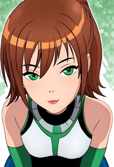 masterpiece, best quality, 1girl,  girl is a very feminine, very girly, large boobs, cute, innocent, sexy,female version of Ben Tennyson, brown hair, green eyes, wearing Floral_note_y,. Style is of the Ben10 cartoon. Setting is in her bedroom.  detailed background, dynamic angle, volumetric lighting, intense spotlights below, godrays