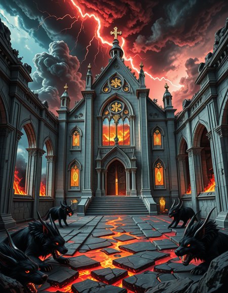 A once-majestic celestial temple, now under siege by the forces of Hell. The grand white stone structure is cracked and scorched, its golden crosses twisted and broken. The stained-glass windows, once glowing with warm divine light, are now shattered, with demonic symbols glowing ominously in their place. The sky, once a serene blue, is now consumed by dark storm clouds, swirling with red lightning and thick smoke.
Black, jagged chains extend from the sky, wrapping around the temple as if trying to pull it down into the abyss. The once-fluffy clouds beneath the structure are now a chaotic mix of fire, ash, and dark mist, with glimpses of molten lava cracks below. Infernal creatures with glowing red eyes lurk in the shadows, their silhouettes barely visible through the smoke and fire.
The temple doors are blown open, revealing an eerie red glow emanating from within, as if Hell itself is consuming the sacred space. Massive demonic runes are etched into the stone, pulsating with an unholy energy. The entire scene is bathed in a deep crimson and orange glow, giving it an apocalyptic and nightmarish atmosphere.
Style & Lighting:
- Dark fantasy, highly detailed
- Dramatic, high-contrast lighting with fiery glows
- Cinematic composition, epic scale
- Strong use of shadows, embers, and atmospheric foghighly detailed and atmospheric view from inside a massive birdcage, large enough for a human to stand inside. The cage is made of ornate, aged metal bars with intricate Victorian-style patterns, curving elegantly towards the domed ceiling. Sunlight filters through the gaps between the bars, casting long, dramatic shadows on the wooden floor. Delicate vines and small flowers have begun to grow around the bars, adding a touch of nature reclaiming the space. The background beyond the cage is blurred, hinting at a lush garden or a mysterious, abandoned mansion. The ambiance is serene yet slightly melancholic, with warm golden light illuminating dust particles floating in the air. Soft feathers are scattered on the floor, adding to the sense of quiet abandonment. The perspective makes the viewer feel as if they are inside the cage, looking outward, surrounded by both beauty and confinement. The style is highly detailed and realistic, with a cinematic and slightly surreal atmosphere.
<lora:SDXLFaeTastic2400:0.4> <lora:extremely_detailed:0.4> extremely detailed 
<lora:evil_celestial_t3mpl3-i:1> evil celestial t3mpl3, Masterpiece,best quality,hi res,8k,hi res,8k,award winning,(sharp focus, intricate, highly detailed),