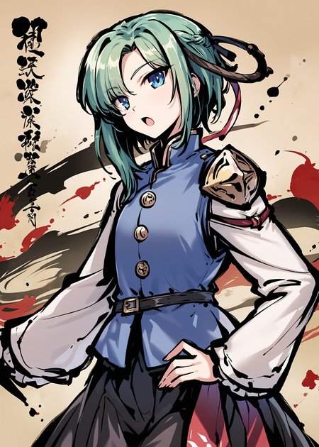 1girl,tokiame,ink painting
shiki eiki,
rod of remorse,blue eyes,green hair,blue vest,long sleeves,black skirt,short hair,looking at viewer,open mouth,asymmetrical hair,hand on hip,
masterpiece, newest, absurdres, safe
<lora:a31_style_tokiame_v2:1>  ,