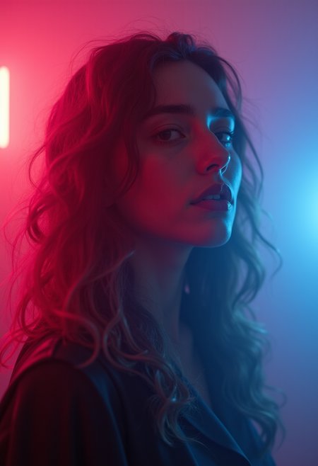 Young woman, dispassionate , moody, hazy, foggy, neon lights break through the dense fog, artsy, pop album cover shot, graphic design background, close up on woman's face