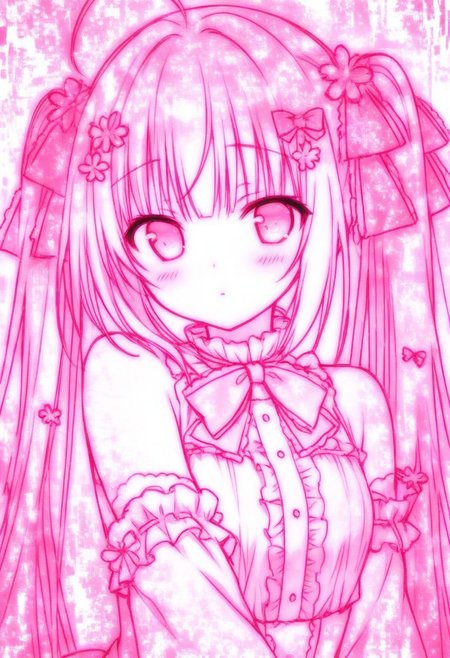 GLTST, Glitch, , 1girl, solo, twintails, pink theme, long hair, hair ornament, monochrome, bow, ribbon, looking at viewer, detached sleeves, ahoge, bangs, hair ribbon, upper body, frills, hair bow, bare shoulders, blush