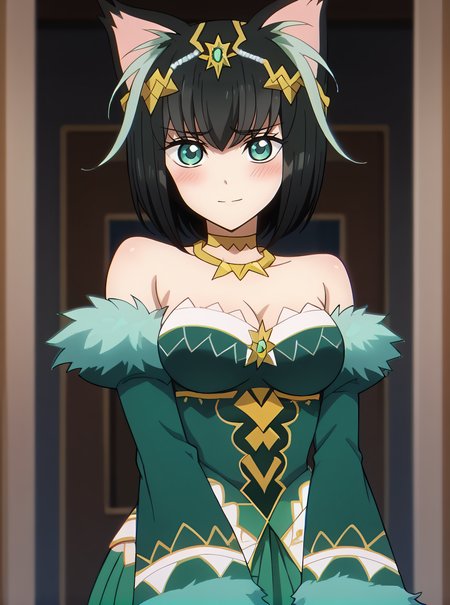 score_9, score_8_up, score_7_up,   rating_explicit, source_anime, <lora:StS_detail_slider_v1:3>, <lora:age_slider_v4:-1>,detailed skins, body blush,cowboy shot,  perfect curyv medium breasts,  highly detailed, body blush,(cowboy shot:1.4),  looking at viewer,  perfect eyes,perfect hands, sidelocks, <lora:Tama__Matilda_Isekai_Shikkaku:1>,tama,cat ears,animal ear fluff, multicolored hair, two-tone hair,black hair,light green hair, bangs, short hair,aqua eyes,medium breasts, (sidelocks:1.4),  matildadress,hair ornament,jewelry,tiara, green dress,bare shoulders,fur-trimmed sleeves,detached sleeves, v arms, shy, light smile,