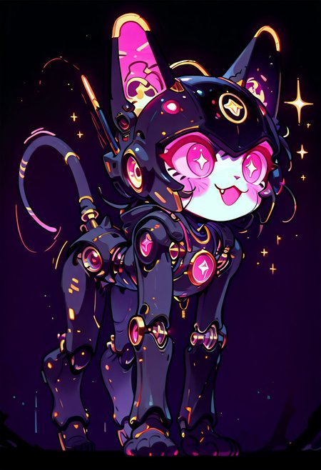 masterpiece, best quality, simple illustration, 1cat robot, no-human, superdeformer, cute,  helmet with cat ears, full body, solo, dark background, sparkles, vivid colors, vertical pupils,fang, tail , mcnm, in the style of cknc, cute_style01f1, cyberwitches, runing, speed lines,