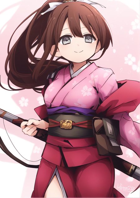 1girl, kazagumo (kancolle), huge breast, arrow (projectile), brown hair, floral print, geta, grey eyes, hair ribbon, hamaya, japanese clothes, kimono, long hair, obi, ponytail, ribbon, sash, smile, solo, torpedo launcher, torpedo tubes, transparent background, handfixer <lora:HandFixer_pdxl_Incrs_v1:1>  <lora:ãã¾ã¡ã2doQ8:0.9>