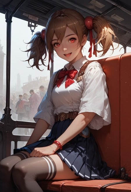 score_9, score_8_up, score_7_up, 1girl, silica, solo, skirt, brown hair, open mouth, red eyes, thighhighs, breastplate, twintails, white background, black skirt, pleated skirt, armor, smile, ribbon, bus station, bus stop, public place nighttime vibrant lighting, street lights, high contrast, dramatic shadows, highly detailed, detailed skin, depth of field, tilted angle, moody lighting, exy pose,professional lighting, perfect quality, high quality, photorealistic, sitting,  (((supermodel))),((goddess))