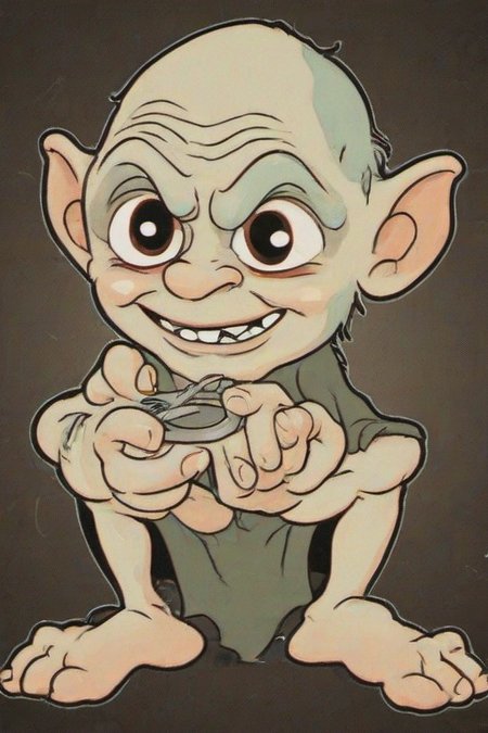 <lora:PE_OldCartoonStyle:0.9> PEOldCartoonStyle,Cartoon,
Gollum holding a ring,happy