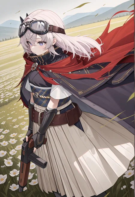 1girl, japanese clothes, white short sleeves, obi, belt, gauntlets, fingerless gloves, cape, cloak, goggles on head, holding gun, outdoors, flower field, wind, hakama, cowboy shot, 
 <lora:saika_magoichi:1>, masterpiece, best quality, amazing quality, very aesthetic, absurdres, highres, newest