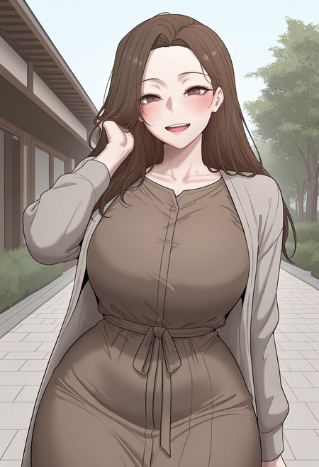 highres, best quality, masterpiece, outdoors,
flat colors,
1girl, solo, crypdahee, long hair, brown hair, brown eyes, mature female, curvy,
grey jacket, open jacket, brown dress,
looking at viewer, blush, smile, upper teeth only, hand in own hair, 
standing,
<lora:_dahee_life_crypto-elesico-ilxlB-000014:1>
