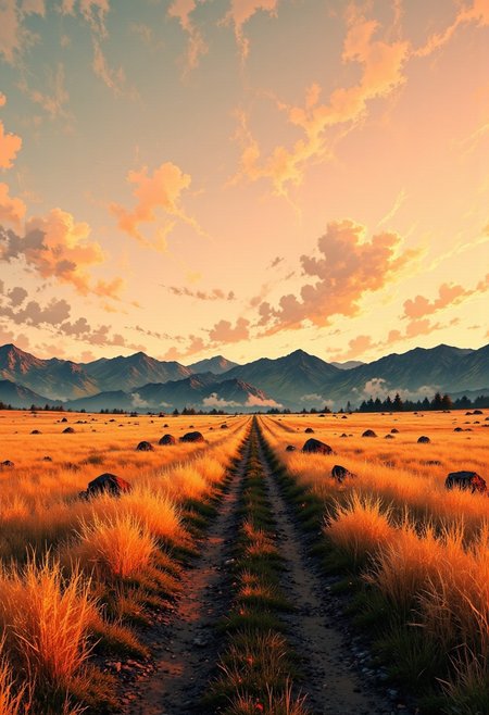 Montana Golden Plains – Endless Rolling Fields
"A vast golden prairie stretches endlessly under a warm amber sunset in Montana. The tall, swaying grasses glow in shades of honey and ochre, their feathery tips catching the evening light. Distant rolling hills create a soft silhouette against the pastel pink and orange sky, while a narrow dirt path winds through the peaceful expanse."