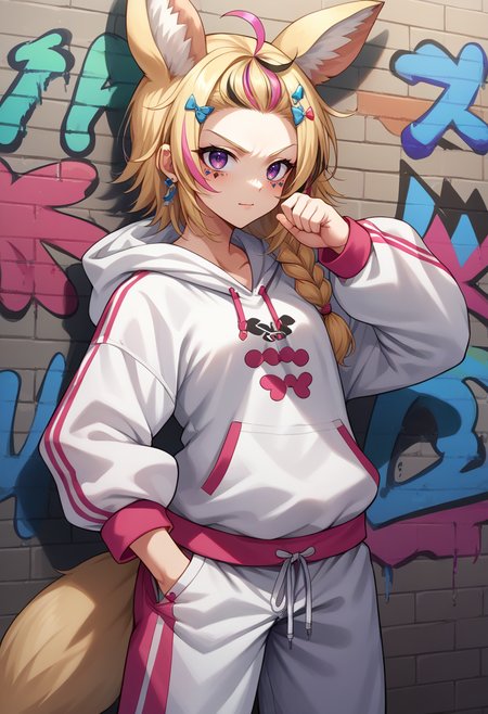 score_9, score_8_up, source_anime, 1girl, solo, OmaruPolka, streaked hair, fox ears, facial mark, side braid, purple eyes, fox tail, urban and street style, graffiti-inspired colors, cool and edgy attire, baggy pants, oversized hoodie, stylish sneakers, fashionable accessories, hip hop jewelry, confident expression, graffiti walls, energetic and vibrant atmosphere, <lora:ChamOmaruPolkaPonyXL:1>