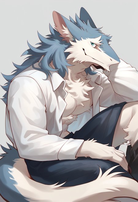 score_9, score_8_up, score_7_up, high quality, hires, by tupidwithouts, 1boy, solo, furry, sergal, white body, blue eyes, bara, tail, on side, sitting, seductive, <lora:TupidwithoutS_style:1.2>