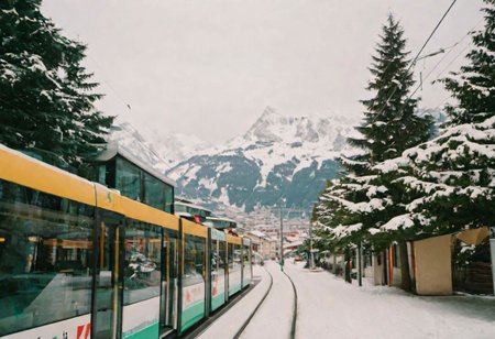 (Bokeh:1.1), kodak photo 38 mm, breath-taking film photography, movie effects, film grain, epic, masterpiece, best of the best, 4k uhd, intricate details, muted colors, wide shot of the most beautiful Swiss town in winter, snowy, pines, gigantic mountain surrounding the whole frame, tram, minimalistic, shallow depth of image, crisp, clear, haze lighting, muted colors