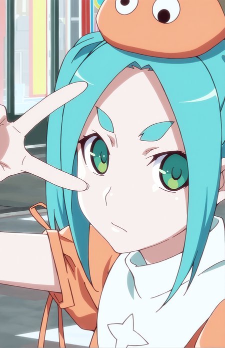 OnonokiYotsugi. 1girl, aqua hair, twintails, green eyes, orange hat, orange dress, short sleeves, street, face focus, (V), portrait, front view, posing
