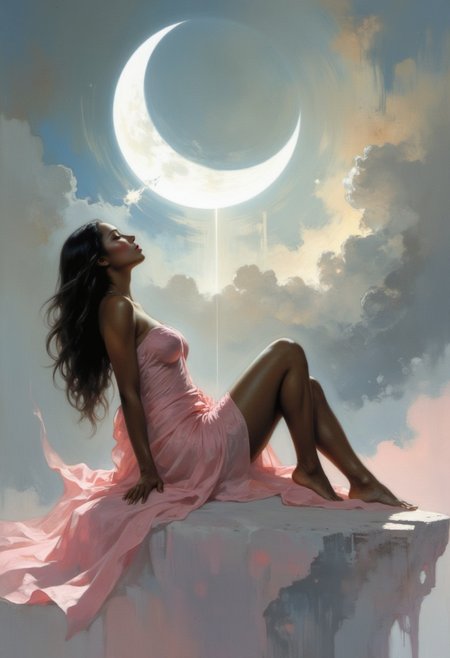 A hyper-realistic digital portrait of a dark-skinned woman with a voluptuous figure and long, sleek hair, posed in a surreal, ethereal setting. She reclines gracefully on a cloud, her head tilted back with her eyes closed, exuding a serene, dreamlike expression. Her body is draped in sheer, light pink fabric that cascades around her in delicate folds, its soft, silky texture enhancing her glowing, smooth skin while revealing her bare legs in a natural, elegant pose. Behind her rises a luminous crescent moon, its striking, ethereal white surface providing a mesmerizing contrast to the soft pastels and grays of the stormy and misty clouds that swirl in the background. The interplay of textures—the flowing fabric, the smooth crescent moon, and the fluffy clouds—creates a dynamic yet harmonious composition. Muted colors and subtle lighting lend a mystical quality, with soft highlights accentuating her form and blending fantasy with realism to craft a powerful, emotionally evocative image. HD, 8K quality, ultra-detailed, masterpiece artwork, flawless anatomy.