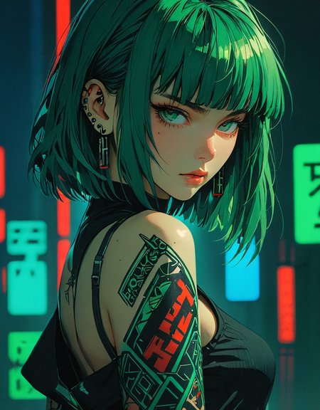 Manga style, full body portrait of a woman, cyberpunk style, (Anna Dittmann, Ilya Kuvshinov), with messy green hair, bangs, earrings, tattoos on shoulders, geometric, wearing a black top, red and blue shadows in the background, bukeh, night, side lighting, dark environment, hyper detailed, hyper realistic<lora:Sinozick:1>