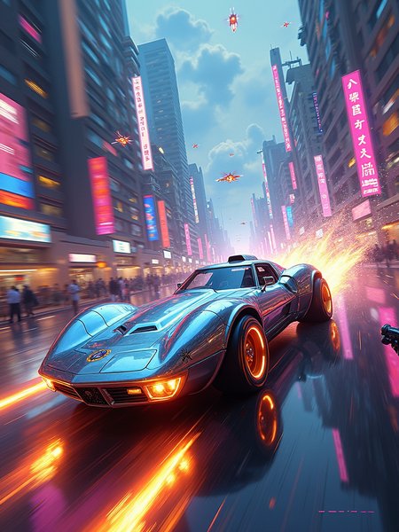 The painting is rendered in an exaggerated, hyper-stylized sci-fi style. The brushstrokes are bold and dynamic, creating a sense of speed and energy. The colors are a vivid explosion of neon and metallic hues, with a constant play of light and shadow. The texture is a combination of smooth surfaces and sharp edges, giving a sense of high-tech and futuristic design.
Scene Description: In the center of a chaotic urban landscape, a sleek and powerful sports car blazes a trail of light. The car is a work of art, with a streamlined body that seems to be made of liquid metal. Its surface is covered in thousands of tiny reflective panels that catch and refract the light in a dazzling display. The car's tires are massive, with glowing treads that leave trails of fire as it speeds through the city. The background is a cityscape of towering skyscrapers and neon signs, all bathed in a kaleidoscope of colors. Flying vehicles and drones buzz around the car, adding to the chaos and excitement.
Composition: The sports car is the focal point of the painting, positioned diagonally across the canvas to create a sense of movement. The cityscape and flying objects frame the car, leading the eye around the scene. The composition is asymmetric and full of energy, with no clear center but a constant flow of action.
Color Palette: The colors are a vivid mix of electric blues, purples, pinks, and golds. The car is a combination of metallic silver and neon accents, while the cityscape is a riot of colors. The light reflected by the car's panels creates a rainbow of hues that add to the visual impact.
Light and Shadow: A harsh, bright light shines on the car from multiple angles, creating deep shadows and highlighting the reflective surfaces. The cityscape is bathed in a soft glow of neon lights and holographic projections, creating a contrast between the bright and the dark. The light and shadow add drama and intensity to the scene.
Detail: Every aspect of the painting is filled with intricate details. The car's body is covered in tiny mechanical parts and symbols, while the reflective panels are highly detailed and show a distorted view of the surrounding city. The cityscape is filled with small details such as people, signs, and flying objects, all adding to the sense of chaos and excitement.