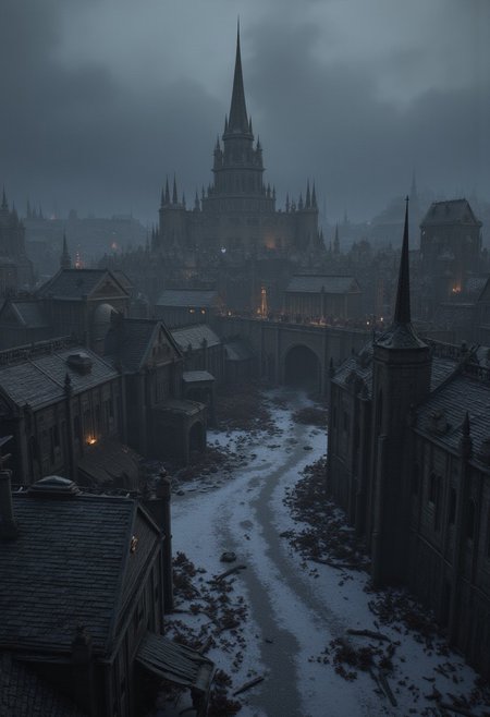 3DGame,The image depicts a desolate, medieval village shrouded in fog and snow. The architecture is gothic, with pointed arches and spires, suggesting a setting from a bygone era. The village is in ruins, with many buildings partially collapsed or showing signs of decay. Debris is scattered across the snow-covered ground, and the wooden structures are weathered and broken.
A stone bridge connects two parts of the village, leading towards a central tower that looms in the background, adding to the sense of a once grand but now abandoned place. The color palette is muted, dominated by grays and whites, which enhances the cold and desolate atmosphere. A few small lights flicker within the ruins, providing a stark contrast to the surrounding darkness and hinting at some lingering life or activity within the village.
The overall mood is one of mystery and melancholy, as the village seems to be a remnant of a forgotten time, left to the elements and the passage of history. The image evokes a sense of solitude and the relentless march of time, leaving behind structures that once thrived but are now silent witnesses to the past.
