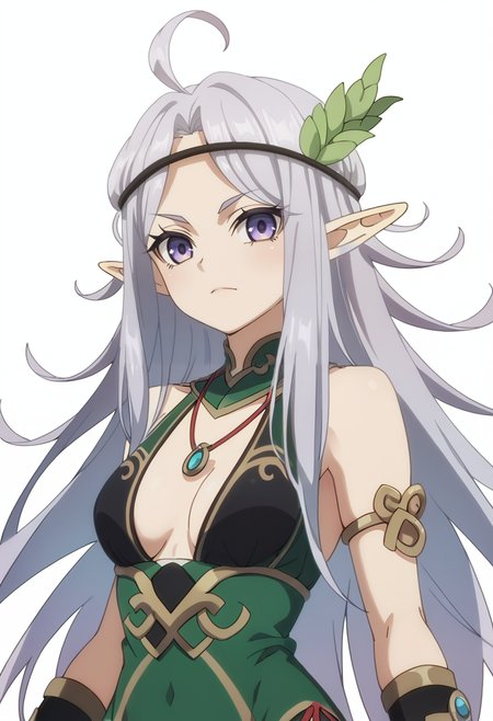 score_9_up,score_8_up,score_7_up,
solo,<lora:Kris ARGENT_v1.0_pony-000038:1>,
(LTGSR)_Kris,pointy ears,long hair,ahoge,purple eyes,
looking at viewer,breasts,
puffy shorts,black midriff,black bracers,
upper_body,green dress,white_background,simple_background