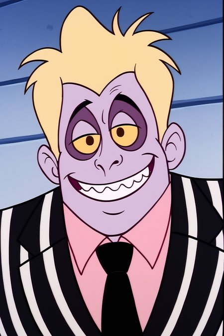 PonyXLV6_Scores , bugjuice style, solo, striped suit, collard shirt, pink shirt, tie, 1boy, teeth, shirt, smile, striped, grin, male focus, blonde hair, colored sclera,  yellow sclera, purple skin, yellow eyes, colored skin, <lora:BugJuicePDXL:1>