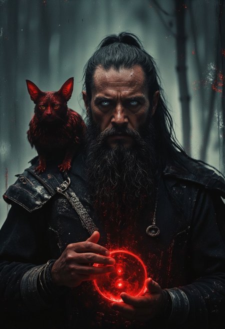 A dark and brooding dwarven warlock with a wild, jet-black beard that reaches his chest and slicked-back hair tied in a tight ponytail. His pale blue eyes glow with otherworldly energy, and his face is gaunt, giving him an air of dark mystery. Perched on his shoulder is a seductive succubus with red skin and bat-like wings, her eyes fixed on him adoringly. The warlock wears dark robes embroidered with sinister symbols, and his hands crackle with dark magic. The vibe is powerful and dangerous, a master of forbidden arts with a dangerous companion.