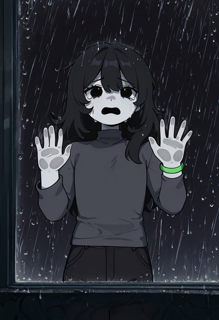 masterpiece, best quality, amazing quality, very aesthetic, absurdres, newest, detailed background, foreground blur, (( cartoon,  )),
charlieemily, 1girl, black hair, long hair, black eyes, dark grey shirt, turtleneck sweater, grey skin, black pants, long sleeves, single green bracelet square hair, square eyes, tears, tears down cheeks, shirt over pants, flat chest, 
heavy rain, hands on window, punching window, black background, raining outdoors, standing outside, crying, screaming, scared, open mouth, cowboy shot, leaning on window, pressing on window, pressing against glass,