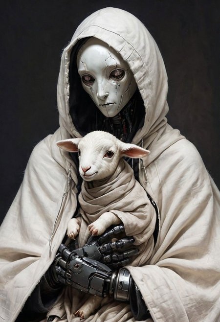 noface robot with hooded NoFace and Large wide linen hood Cape sits quietly with a fluffy white lamb on its lap. the scene of a used and dirty detailed sci-fi looking hooded dystopien cyborg draped in a thick dirty white linen cloak. detailed dirty used look, Its face remains concealed, and the cloak over its head is made of coarse, thick, dirty, torn and worn white linen fabric. It exudes a silent presence, as the surroundings are permeated with a blend of solitude and tender moments of affection. cables, wires, very detailed, atmospheric haze, dimmed light