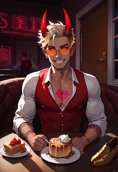 score_9, score_8_up, score_7_up,score_9, score_8_up, score_7_up, (Boy: light tan skin, Toned and tall), Pretty face, handsome smile, perfect face, (((White Glowing hair))), ((Glowing golden irises)), (Neon Red pupils),  tan skin, shiny skin, Curley short haircut, ((2 spiral red horns)), (((Demon))), (Medium muscle build), gages in ears, Neon tattoos on arms, Neon V tattoo on hips, Neon demon tattoos on chest, wild hair, toned hips, ((fit look, large Gold intelligent glasses)), white sleeves dress shirt, Red vest, gold embroidery, dress shoes, eating meal on table, thanking wife for food, ((Gold aura surrounding body)), 
Knocking on bedroom door, outside of bedroom door, waiting for response, knocking sound effects, view from behind