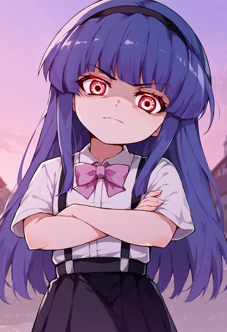 score_9, score_7_up, source_anime, uncensored, <lora:StS_PonyXL_Detail_Slider_v1.4_iteration_3:2> straight on, facing viewer, outdoors, school, rural village,
<lora:Furude Rika:1> furude rika, 1girl, solo, blue hair, purple eyes, white shirt, pink bow, suspenders, black skirt, li, glaring, looking at viewer, crossed arms, (head tilt:1.4), fingernails,
<lora:Higurashi_Looper_Eyes_v1.1:1>, looper eyes, red eyes, glowing eyes, symbol-shaped pupils, eye reflection, staring, (shaded face:0.8), anger vein,