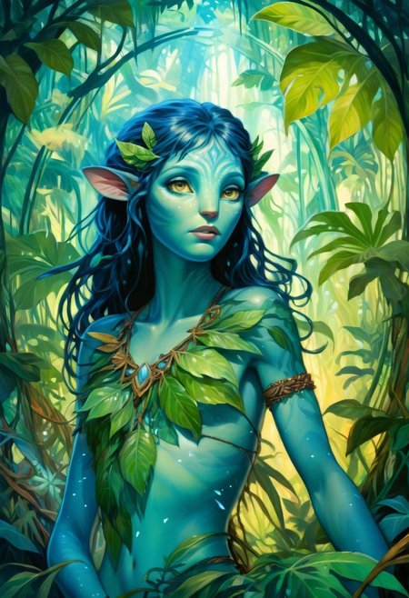 Alphonse Mucha Style page oil  painting of a 18 year old female Avatar navi alien with blue skin, wearing leaf tunic in a bioluminescent jungle, busy, cleavage