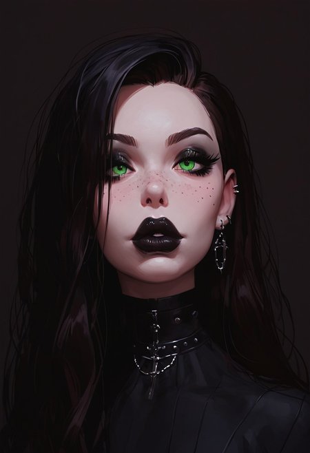 score_9, score_8_up, score_7_up, score_6_up, score_5_up, score_4_up, goth girl, gothic,  egirlmake up, choker, (beautiful face, cute face, 18 years old) Expressiveh, ASCII 1 girl, brown hair, green eyes, black latex outfit, medium breasts, upper body, portrait, 4k, big lips, choker, heavy make up, black lipstip, eyeliner, long hair, freckles
