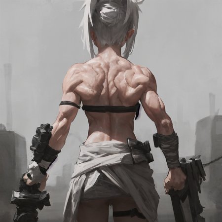 1girl, solo, gloves, holding, bare shoulders, monochrome, weapon, sword, from behind, armor, muscular, back, bandages, folded ponytail, bandaged arm, muscular female  <lora:riven-v1.2:1>