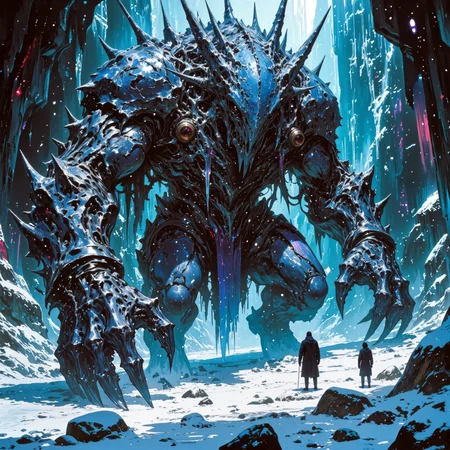 creature focus, full view, hyper-realistic, photo-realistic, very aesthetic, eldritch and otherworldly scenery on a distant planet, extremely detailed, ultra high resolution, famous artwork inspired by wayne barlowe and antonio j. manzanedo, movie poster style, the "skinless bungusploink" is a majestic exceptional beast. with its extremely long and dense fur it is well adapted to the freezing temperatures in the warderlyned crystal ice cavern labyrinths of their slathercrimpy homeworld, the planet "thunderward tertius". with their enormous claws they carve new paths through the thick spicklefronked ice or hunt the "ethereal shnamglimmerer", dappled sunlight, dappled lighting, golden ratio, the color palette is predominantly indigo blue and obsidian black and royal purple and chartreuse and wine red and taupe, ovg, amanoer, mi2655, an1mel1nes, <lora:style-yoshitaka_amano-elden_ring-flux-by_alicient:0.44> <lora:style-retro_anime-flux-by_lizardman245:0.32> <lora:style-ethereal_dark-midjourney-flux-by_gedogfx:0.48> <lora:style-mythic_fantasy-anime_lines-flux-by_velvets:0.6>