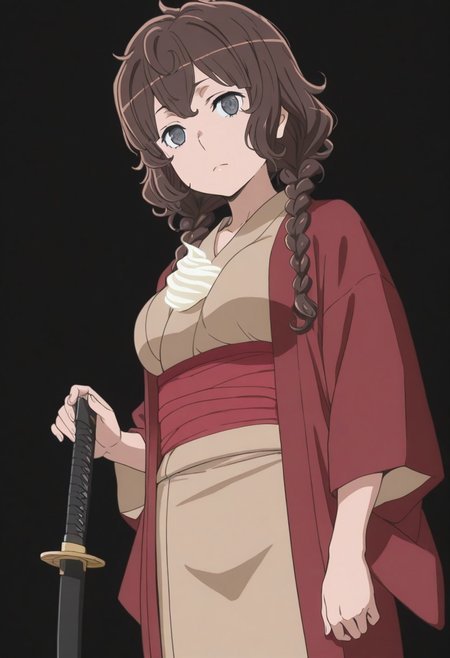 masterpiece, best quality, amazing quality, anime, sole female, <lora:DanMachi_Style:1>, 1girl, human, medium breasts, shoulder-length hair, curly hair, dark brown hair, twin braids, masterpiece, soft face, grayish eyes, detailed eyes, standing, looking at viewer, light cream brown kimono, haori dark brown, red black, full shot, 1 sheathed katana, black background,