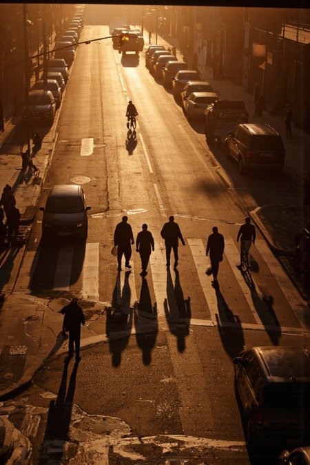 A cinematic photo. A photo-realistic photograph taken from a bird's eye view of a city street at sunset, showcasing a group of people crossing the street with their shadows cast across the road. the scene is illuminated by warm, golden light from the setting sun, casting long shadows across the entire frame. the street is lined with parked cars and pedestrians, creating a stark contrast between the warm tones of the sky and the cool, urban setting. in the center of the image, a few people are walking across the street, some of them carrying bags, while others are riding bicycles. a car is parked on the left side of the road, and a pedestrian crossing is visible in the foreground. a traffic light is also visible, casting a warm glow over the scene. the overall mood is peaceful and contemplative, evoking a sense of tranquility and solitude.