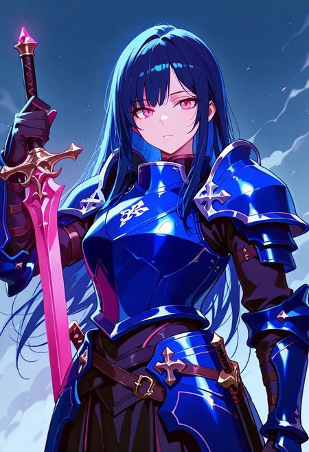 masterpiece, best quality, very aesthetic, absurdres, safe, pink eyes, armor, blue armor, gloves, 1girl, long hair, dark blue hair, sword in hand