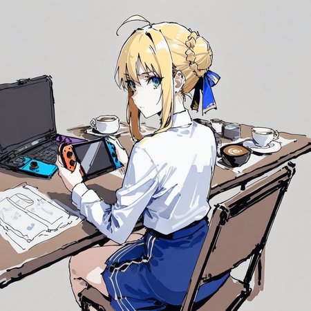 <lora:pen-drawing_A3.1_XL:1>,(pen_art_style, pen_drawing_style), (masterpiece),(best quality), as109, 1girl, artoria pendragon \(fate\), saber, solo, best quality, looking at viewer, looking back, sitting, holding handheld game console, blue eyes, green eyes, blonde hair, hair ribbon, ahoge, bangs, sidelocks, braided bun, white shirt, skirt, long sleeves, blue ribbon, nintendo switch, table, teacup, smartphone,