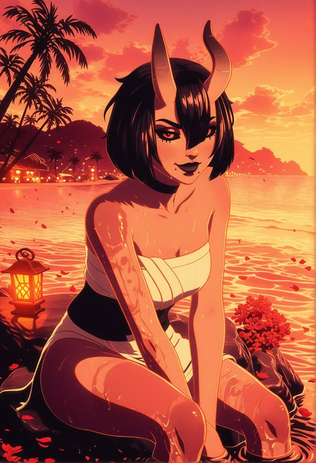 GLSHS,delicate colors,partially illuminated, (masterpiece, absurdres, very awa:1.4), golden hour, orange theme, sunset, beach, rocks, beach ball, sand, palm tree, smug, looking at viewer, fortnitenightrose, 1girl, black hair, short hair, bob cut, bangs, hair between eyes, hair over one eye, asymmetrical horns, oni horns, skin-covered horns, black eyes, black sclera, sclera, closed mouth, mole, mole under mouth, black lips, lipstick, makeup, natural hot spring, sitting on rock with legs dipped in water, wet skin, towel draped around body, cleavage, steam, gentle ripples in water, warm lantern glow, flower petals floating on water, <lora:GLSHS-IL:1.2>,  <lora:Fortnite_The_Night_Rose_All_Outfits_ILXL:0.8>, <lora:dmd2_sdxl_4step_lora:1>